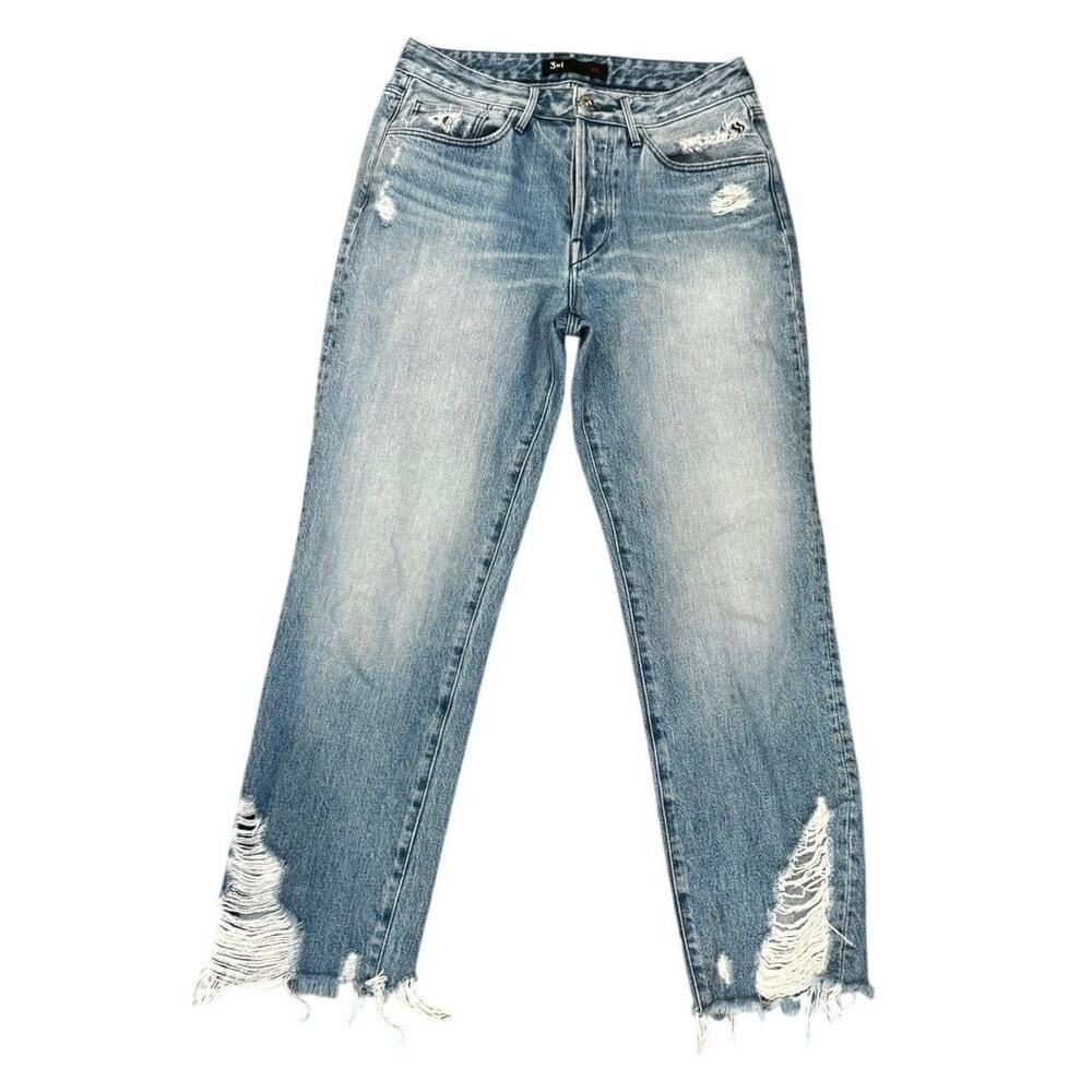 3x1 NYC Distressed Straight Leg Jeans Light Wash Raw Hem Crop 26